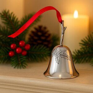 Christmas Bell Ornament Silver Metal Etched Poinsettia Holiday Mantel Tree Decor